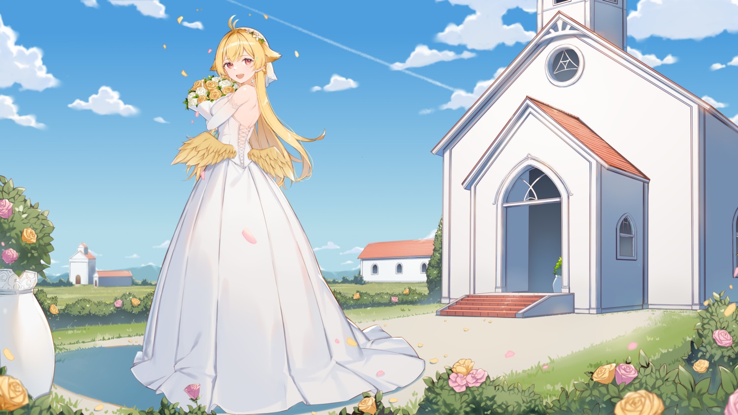 animal_ears dress hibiki_(vtuber) landscape meridian_project no_bra rikoma wallpaper wedding_dress wings