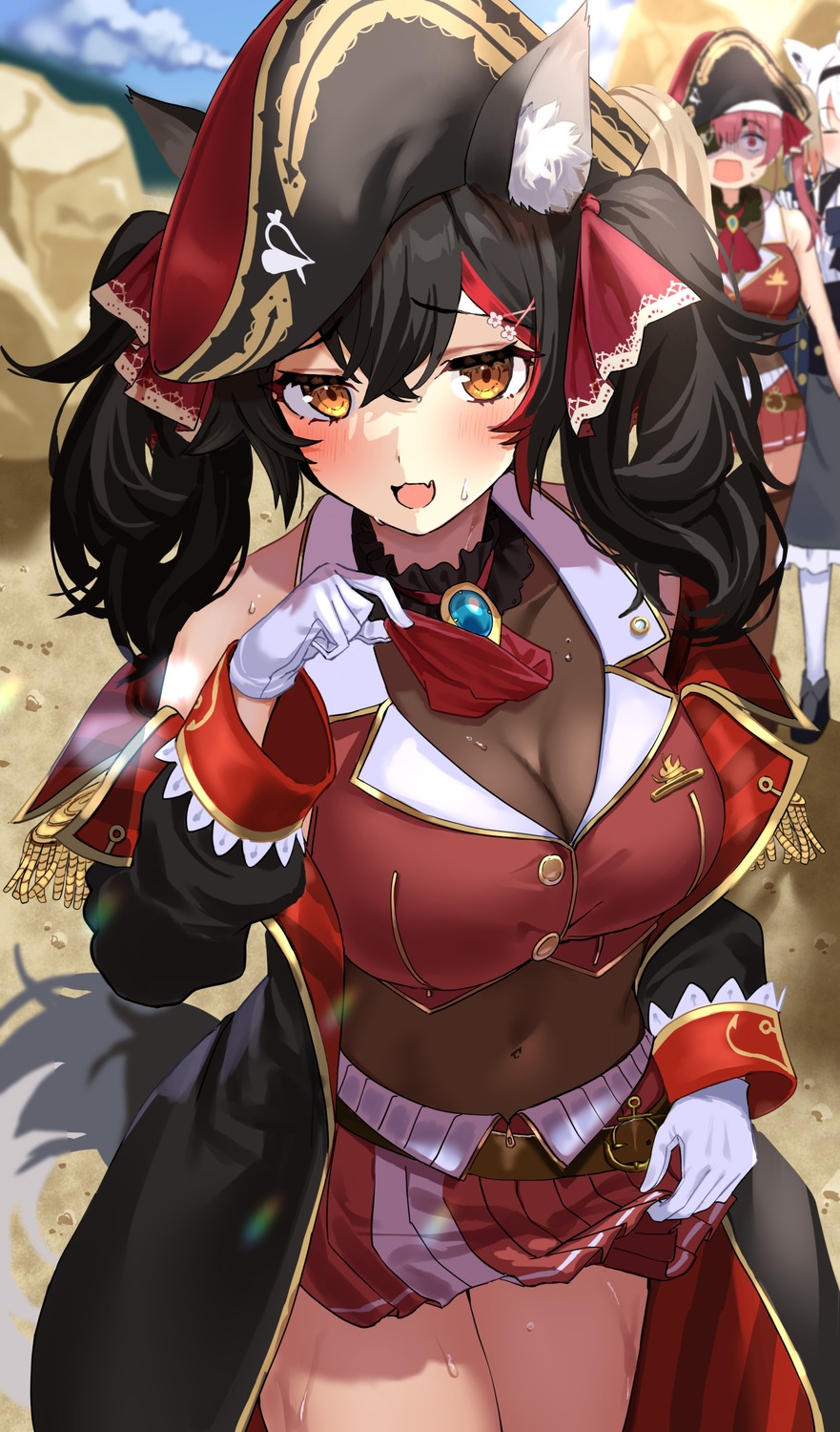 animal_ears cleavage cosplay eyepatch hololive hololive_gamers houshou_marine kitsune ookami_mio pirate see_through shirakami_fubuki skirt_lift tail thighhighs uuroncha wet