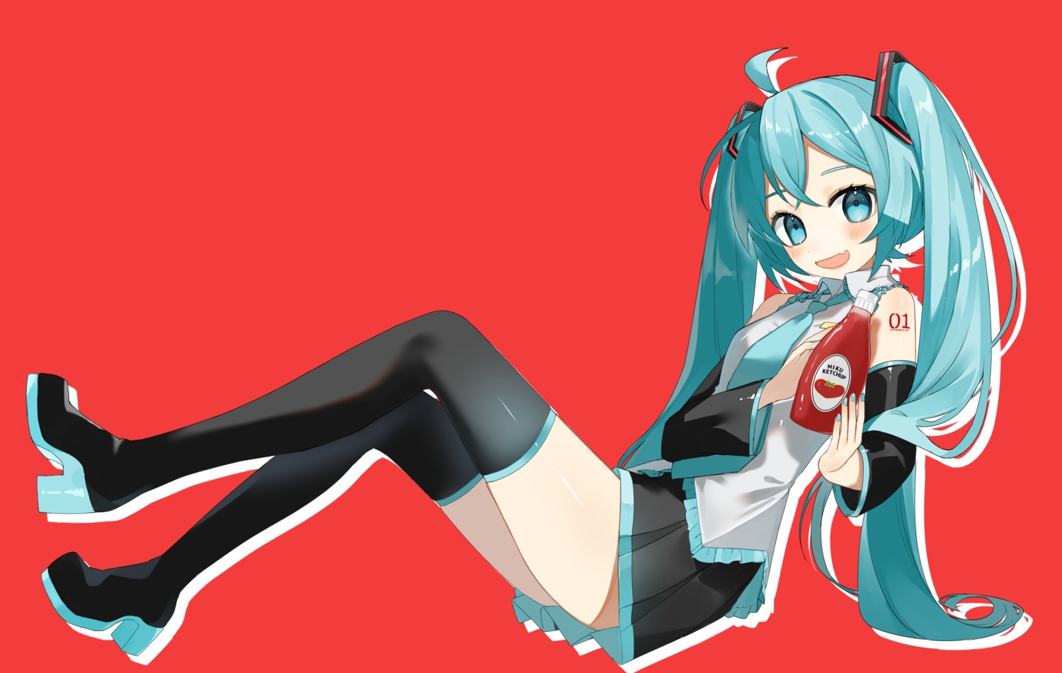 hatsune_miku heels reirou_(chokoonnpu) skirt_lift tattoo thighhighs vocaloid