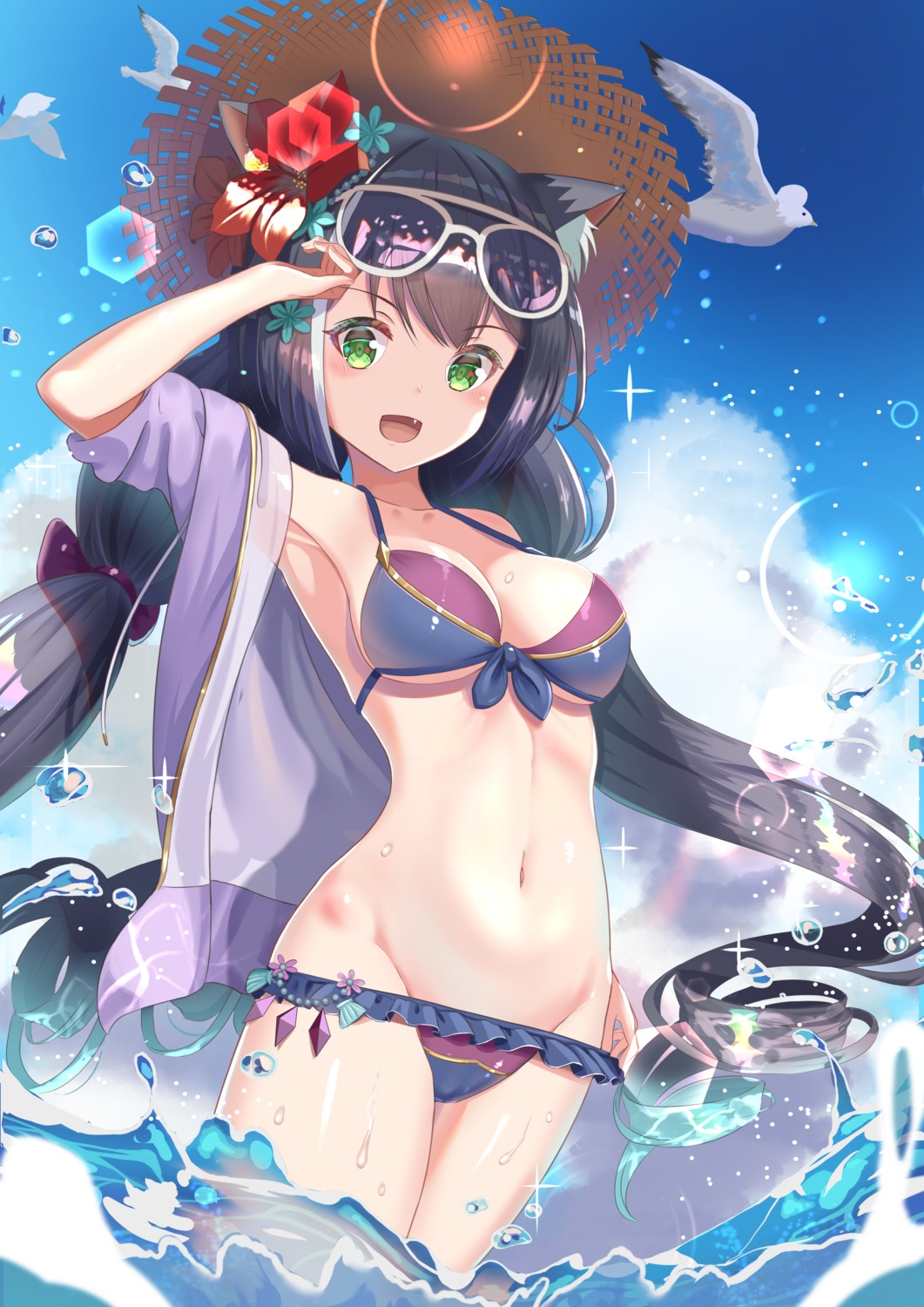 animal_ears bikini karyl_(princess_connect) megane nekomimi open_shirt princess_connect princess_connect!_re:dive swimsuits wanderlucia wet