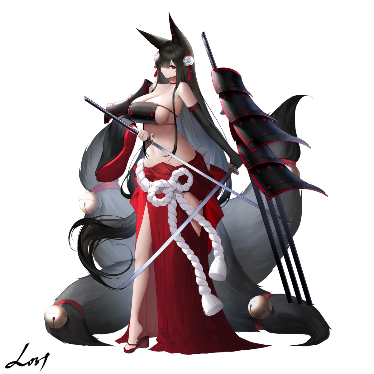 an_yasuri animal_ears artist_revision heels japanese_clothes kitsune no_bra sword tail yingmo