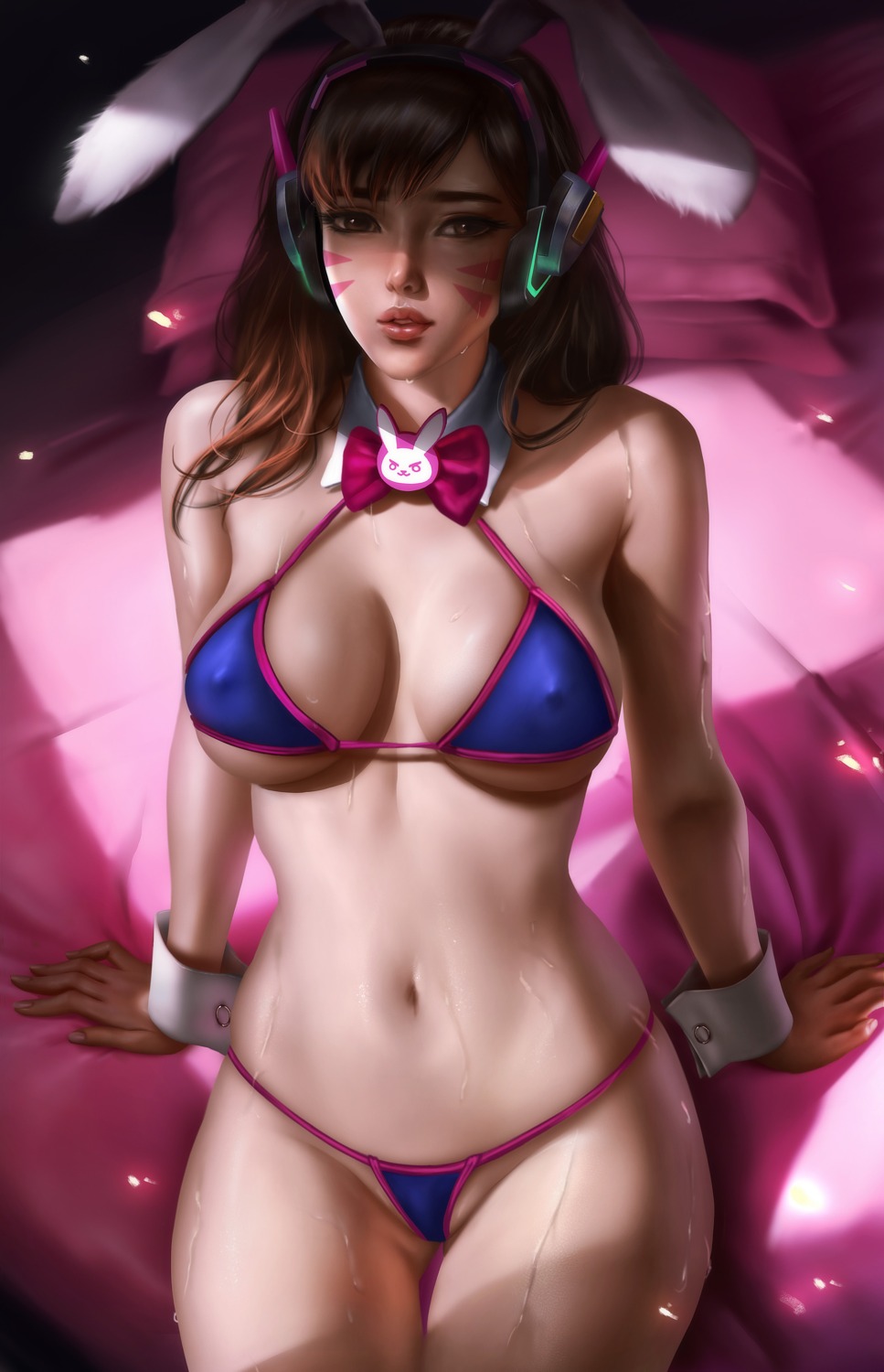 animal_ears bikini bunny_ears d.va erect_nipples headphones logan_cure overwatch swimsuits wet