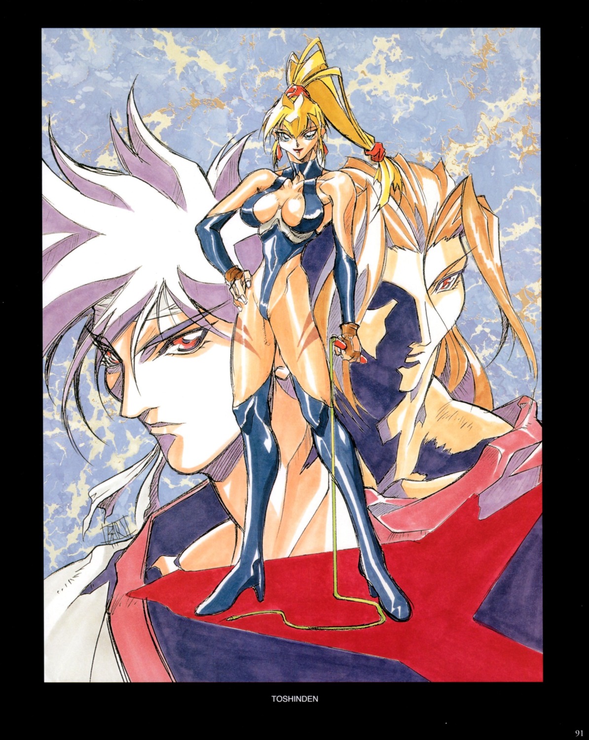 amoh_kayin battle_arena_toshinden cleavage leotard nopan oobari_masami shinjo_eiji sofia thighhighs