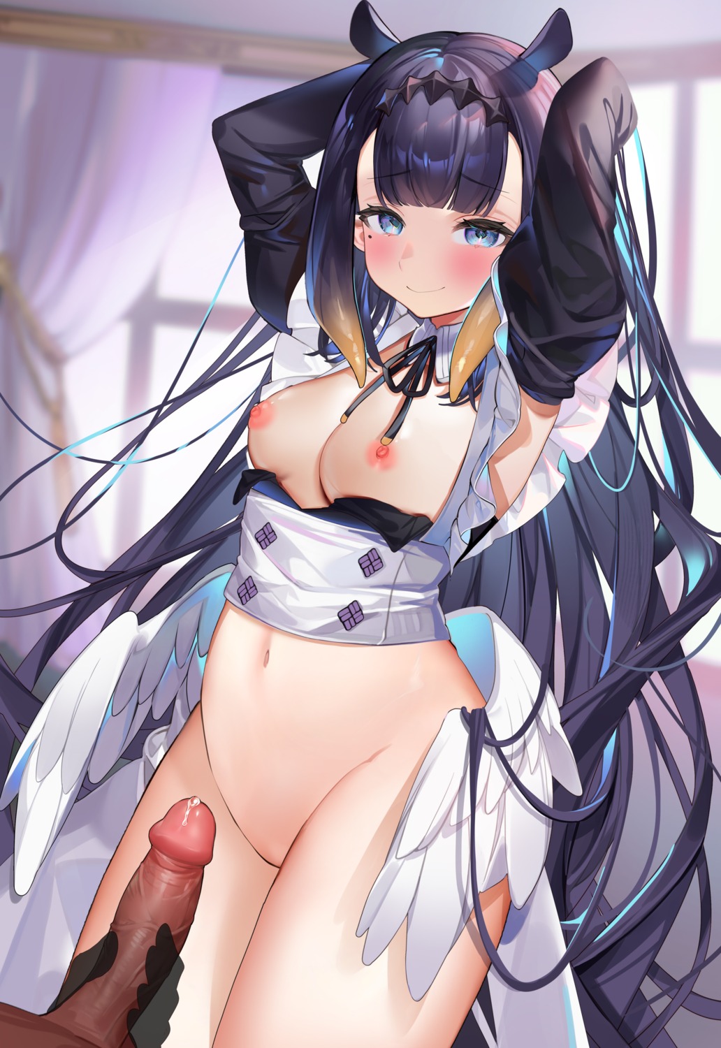 animal_ears bottomless breasts hololive hololive_english machi_(7769) maid ninomae_ina'nis nipples no_bra penis uncensored wings