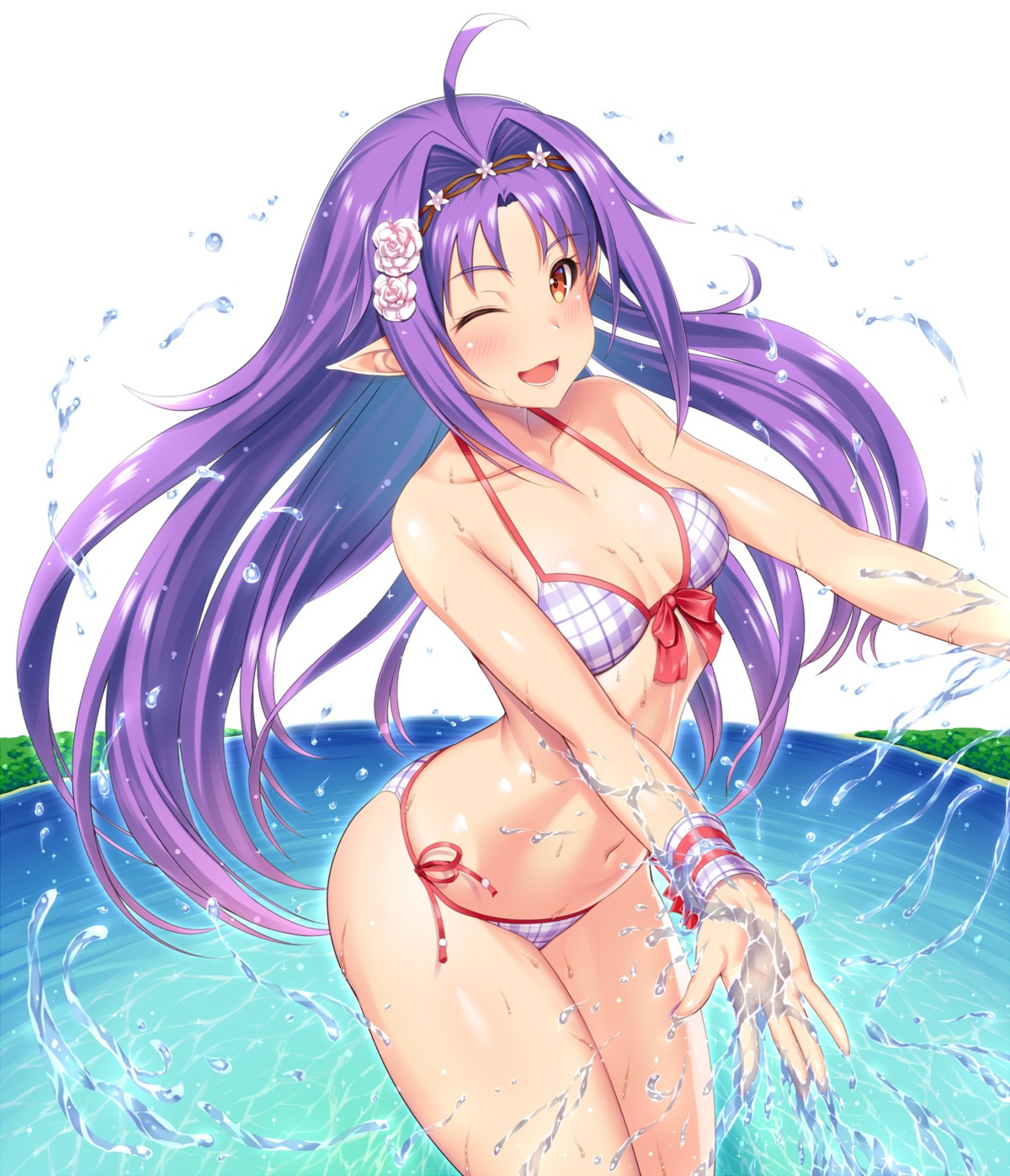 bikini cleavage kawase_seiki konno_yuuki pointy_ears swimsuits sword_art_online wet