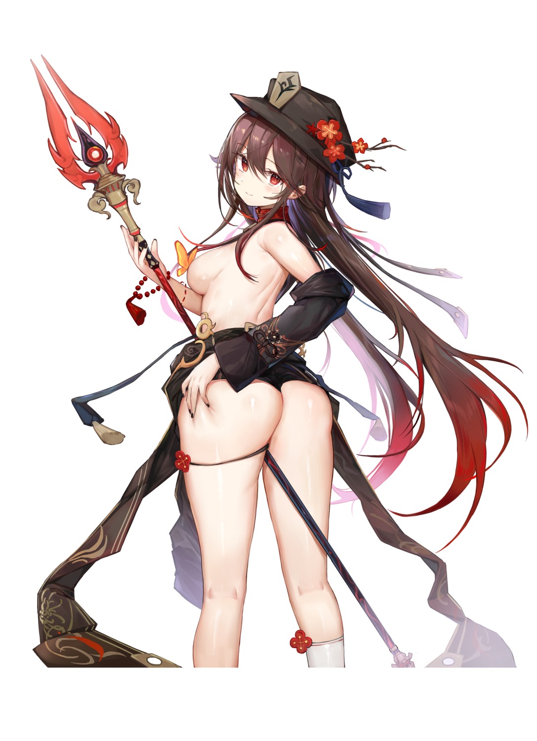 artist_revision ass garter genshin_impact hu_tao kiriko_(araragikoyomi) topless weapon