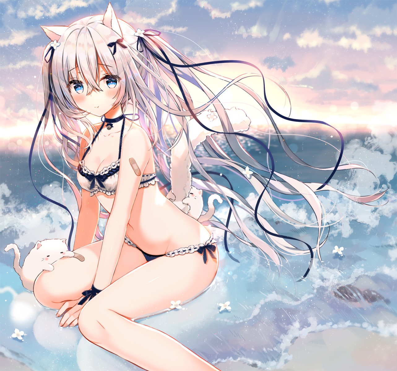 animal_ears bandaid bikini cleavage neko nekomimi swimsuits tail wet yada_potato