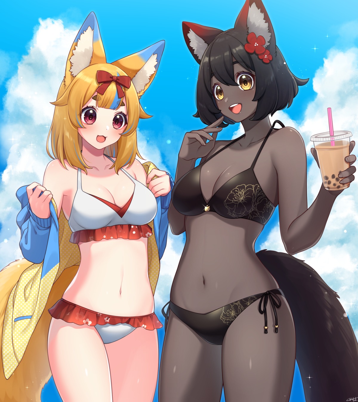 animal_ears bikini cleavage kitsune nekomimi open_shirt sakura_chiyo_(konachi000) swimsuits tail undressing