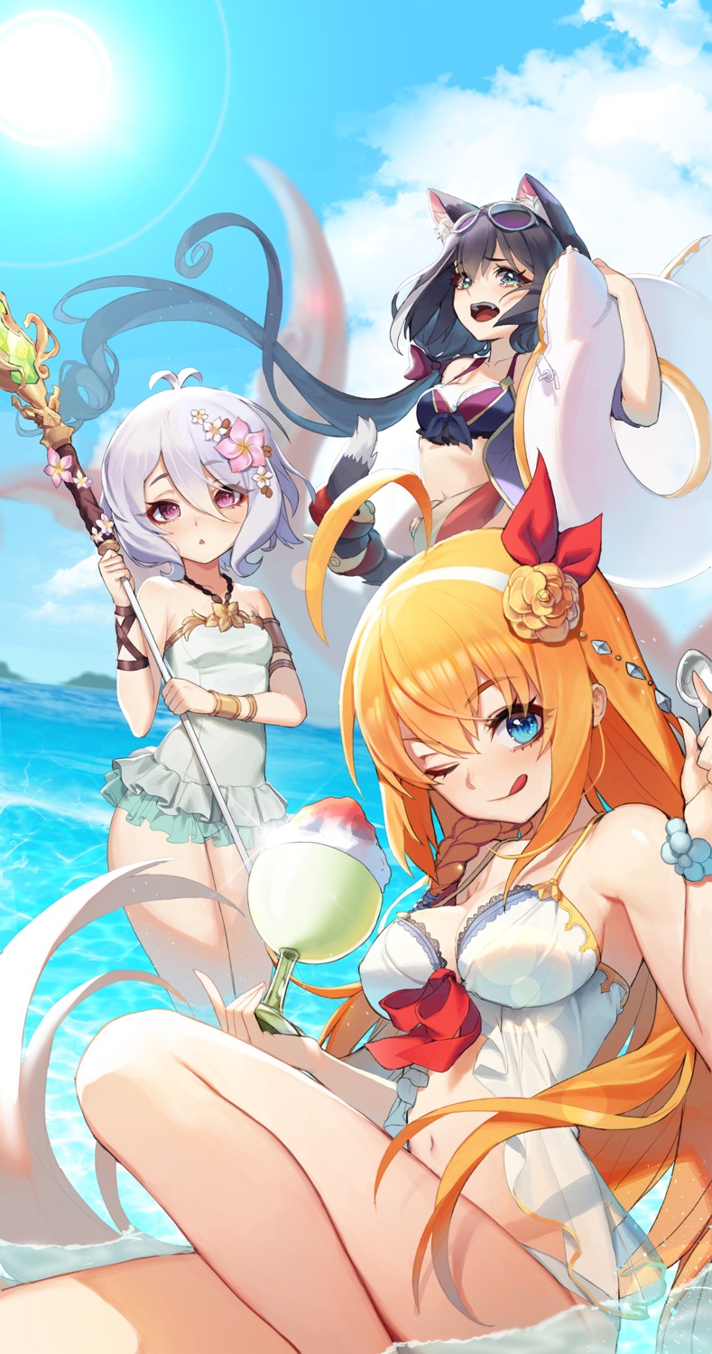 animal_ears bikini bikini_top cleavage karyl_(princess_connect) kokkoro megane mmlyno nekomimi pecorine princess_connect princess_connect!_re:dive see_through swimsuits tail weapon wet