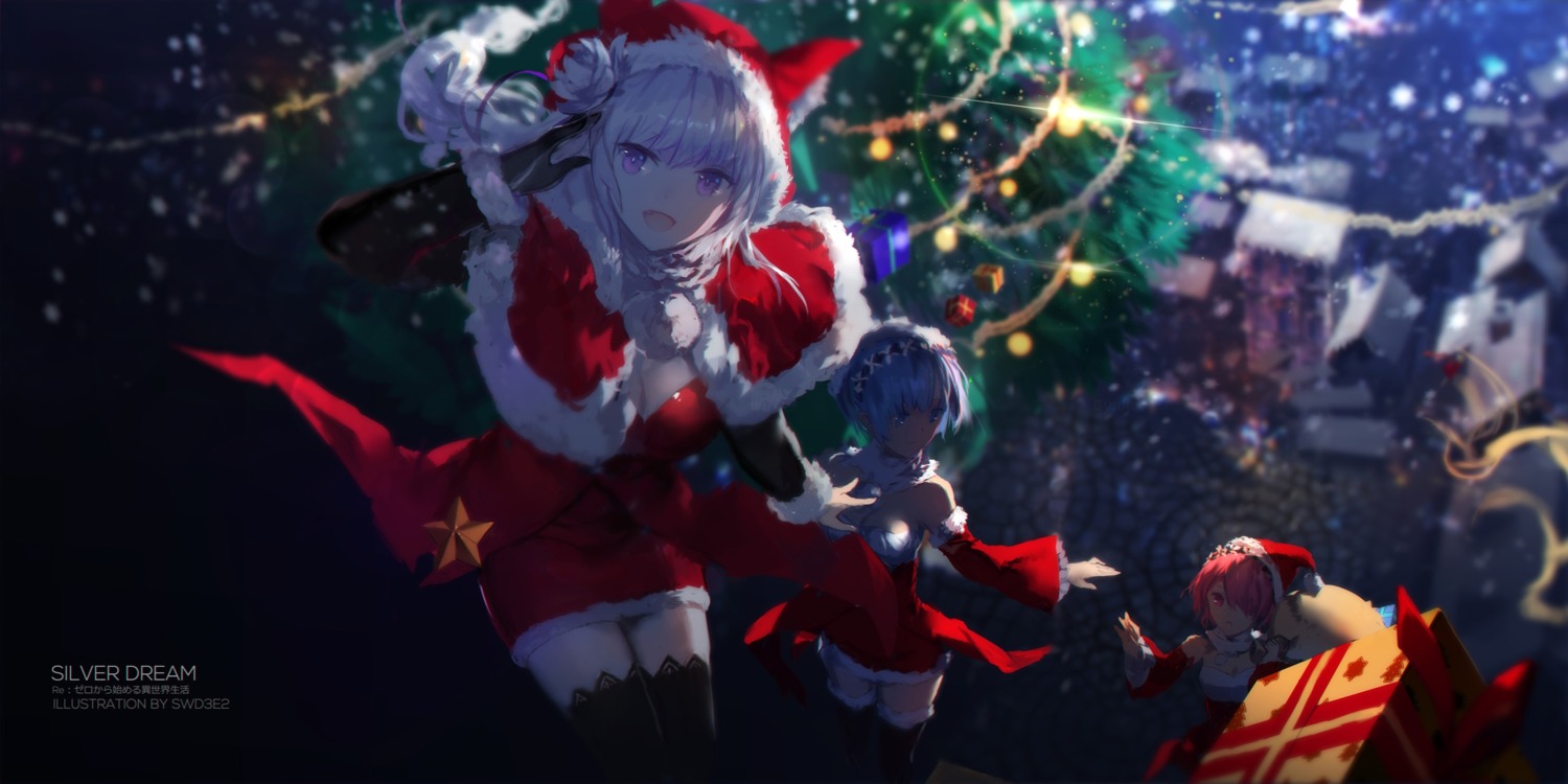 christmas cleavage dress emilia_(re_zero) ram_(re_zero) re_zero_kara_hajimeru_isekai_seikatsu rem_(re_zero) swd3e2 thighhighs