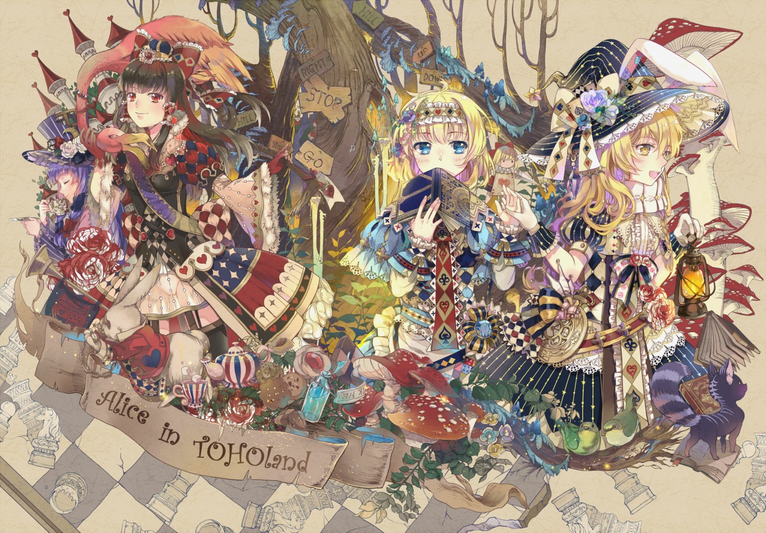 alice_in_wonderland alice_margatroid animal_ears bunny_ears crossover dress ekita_xuan hakurei_reimu kirisame_marisa patchouli_knowledge shanghai_doll touhou witch