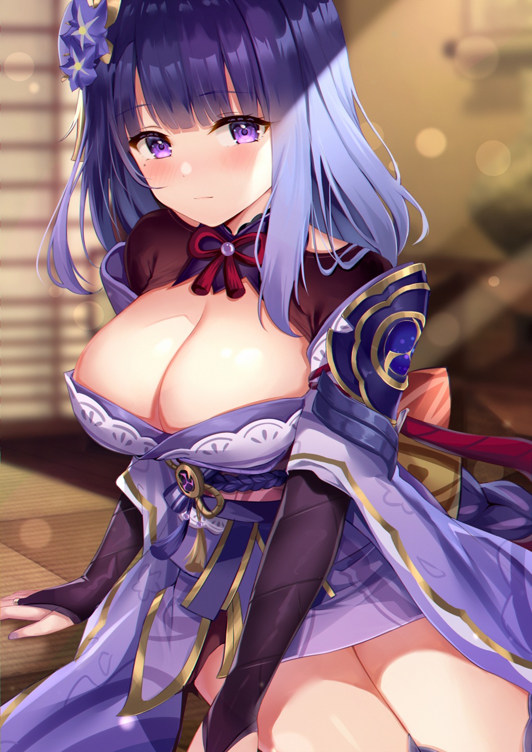 armor eric_(tianqijiang) genshin_impact japanese_clothes no_bra raiden_shogun thighhighs