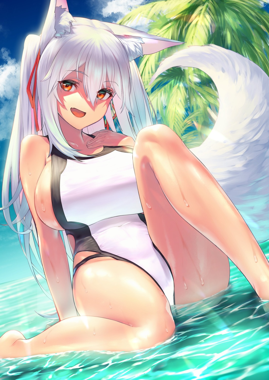 animal_ears itaco karin_(yashiro_sousaku) kitsune swimsuits tail wet