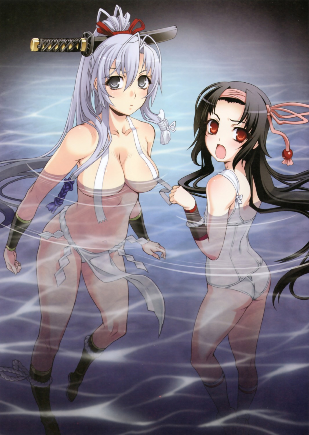 ass fundoshi gotou_matabei_(hyakka_ryouran) gotou_mototsugu hyakka_ryouran_samurai_girls niθ sanada_yukimura swimsuits topless weapon wet