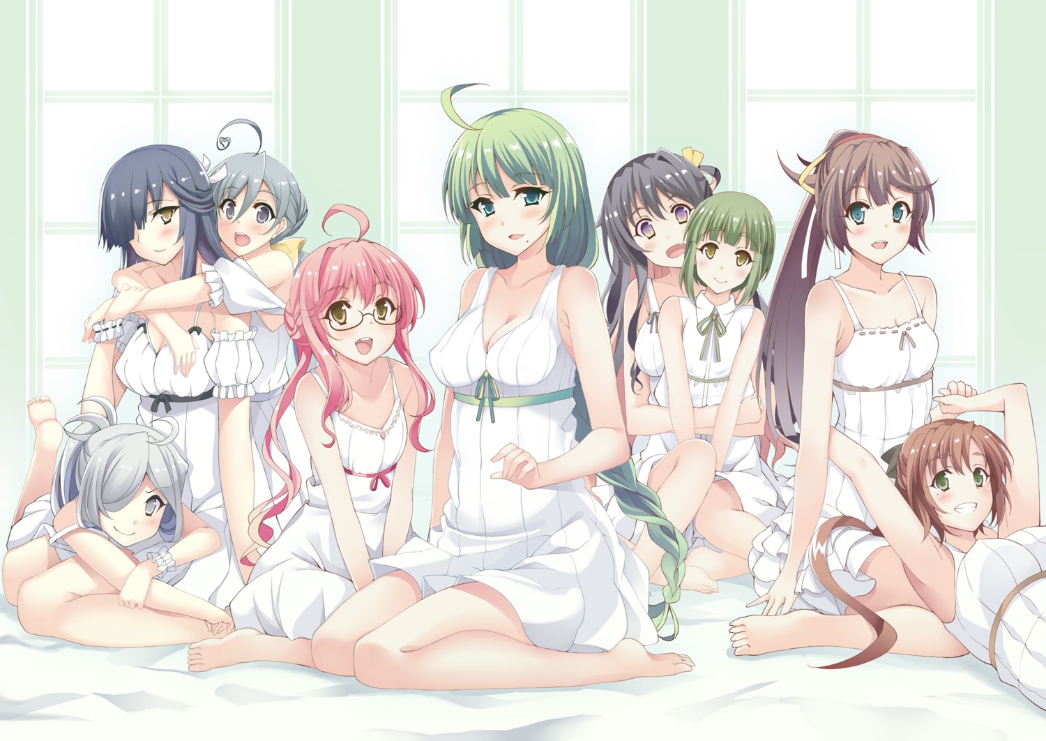 akigumo_(kancolle) asashimo_(kancolle) cleavage dress hayashimo_(kancolle) kantai_collection kiyoshimo_(kancolle) makigumo_(kancolle) megane naganami_(kancolle) summer_dress torisukerabasu yuugumo_(kancolle)