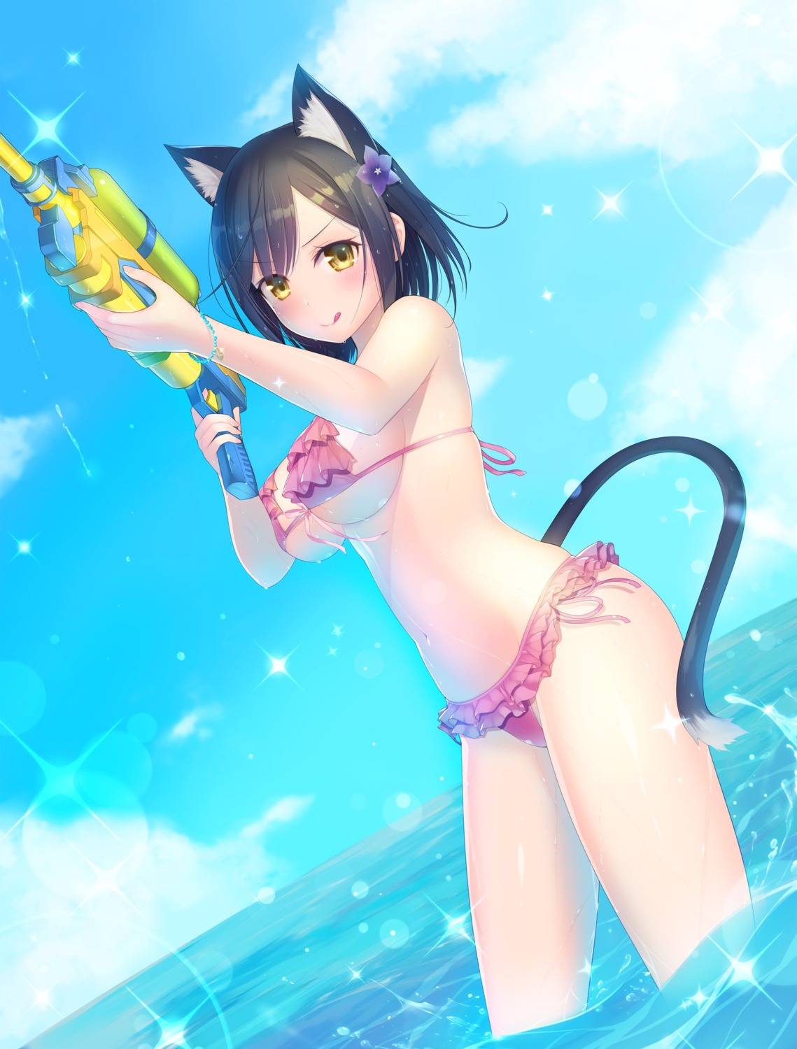 animal_ears bikini gun kashiwamochi_yomogi nekomimi swimsuits tail underboob wet