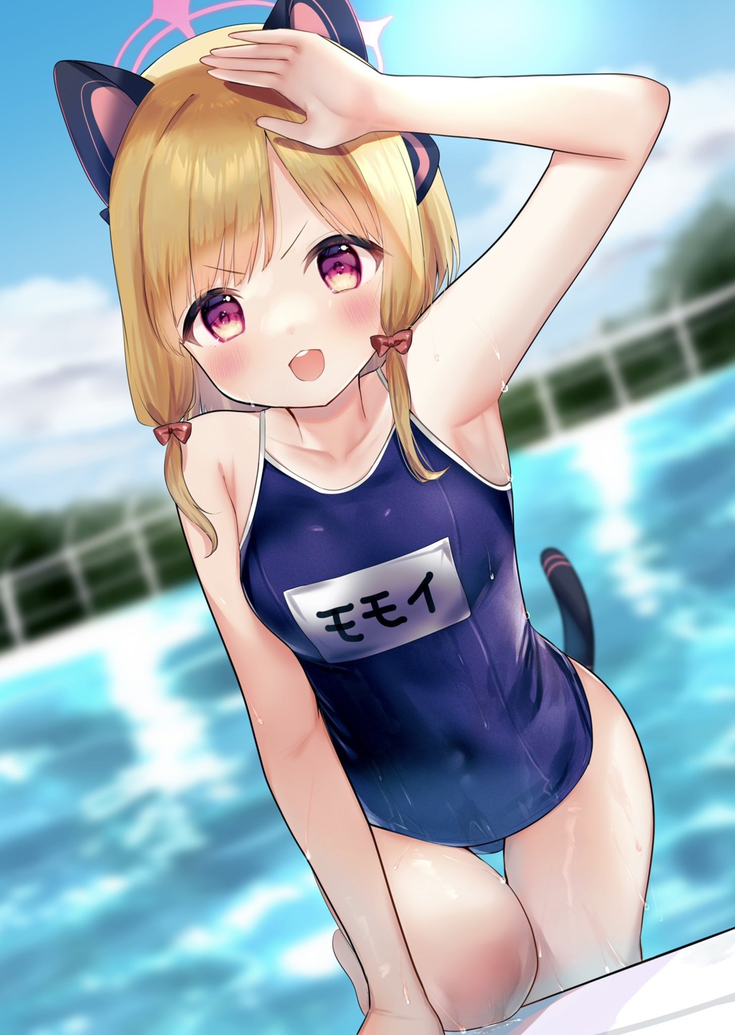 animal_ears blue_archive halo loli nekomimi saiba_momoi school_swimsuit swimsuits tail tsukumo_(pixiv32592569) wet