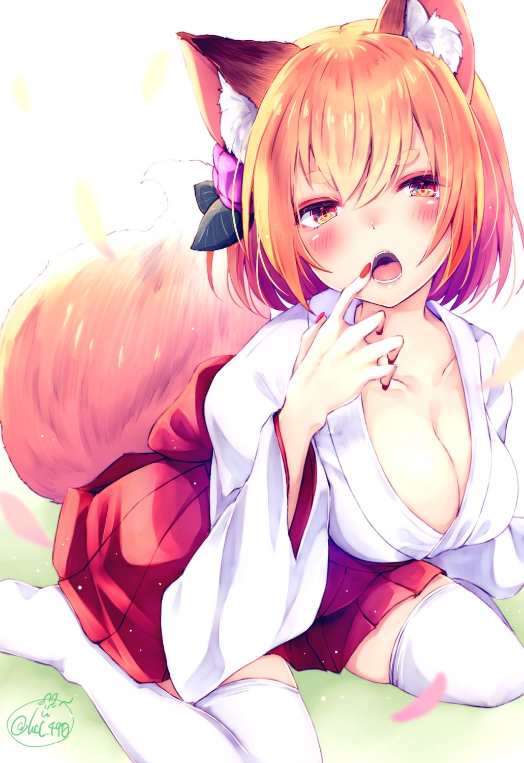 animal_ears chita_(ketchup) cleavage kitsune miko no_bra open_shirt tail thighhighs