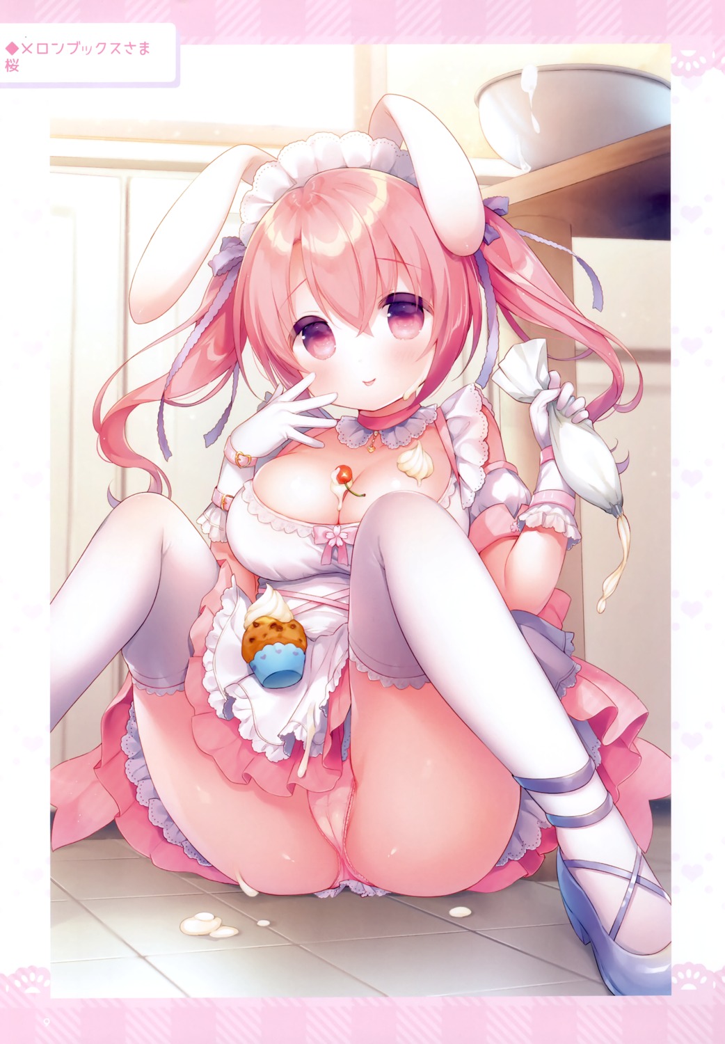 animal_ears bunny_ears cameltoe cream maid pantsu skirt_lift thighhighs usacastle usashiro_mani