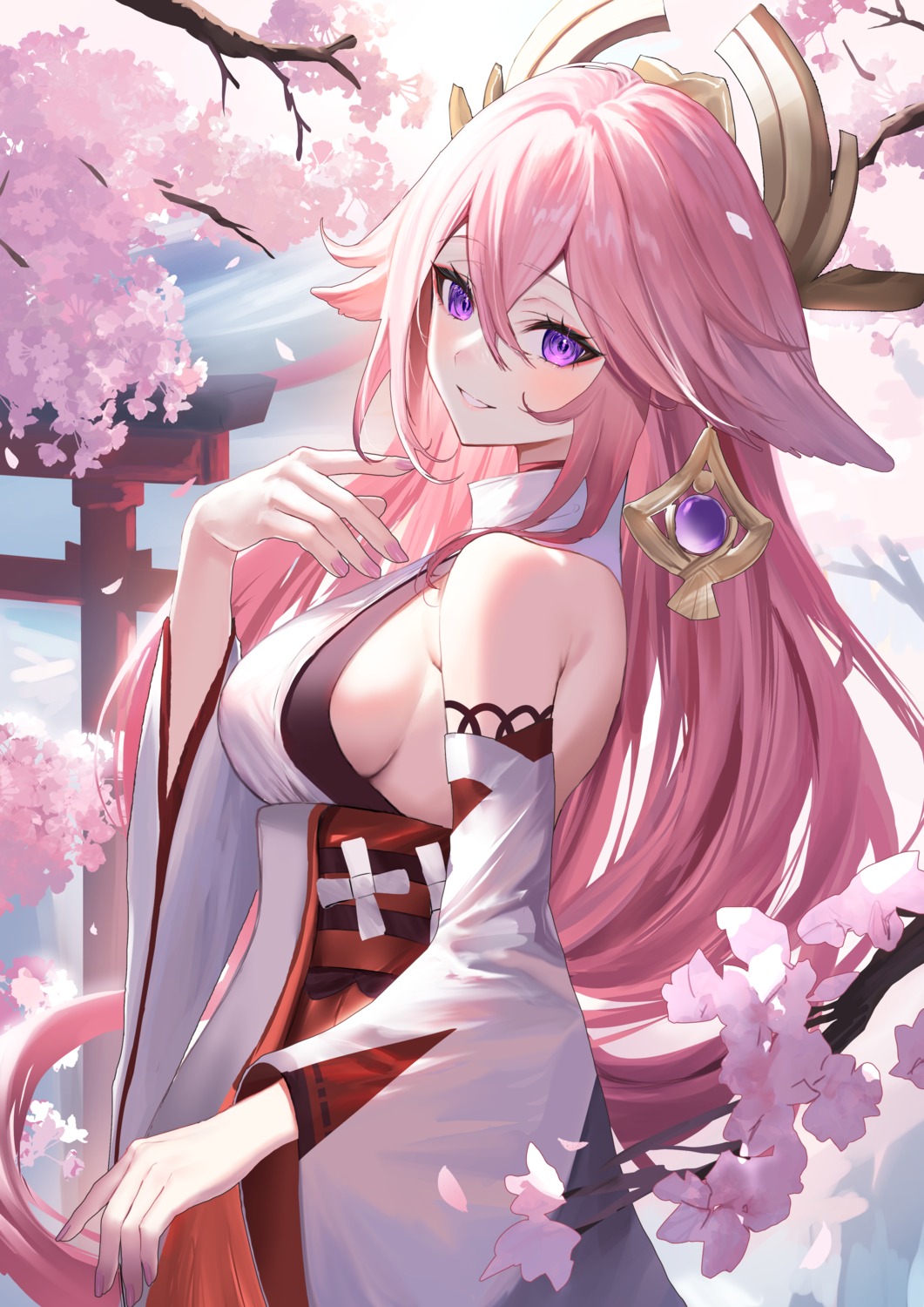 animal_ears genshin_impact japanese_clothes kitsune miko no_bra sakurada_nana yae_miko