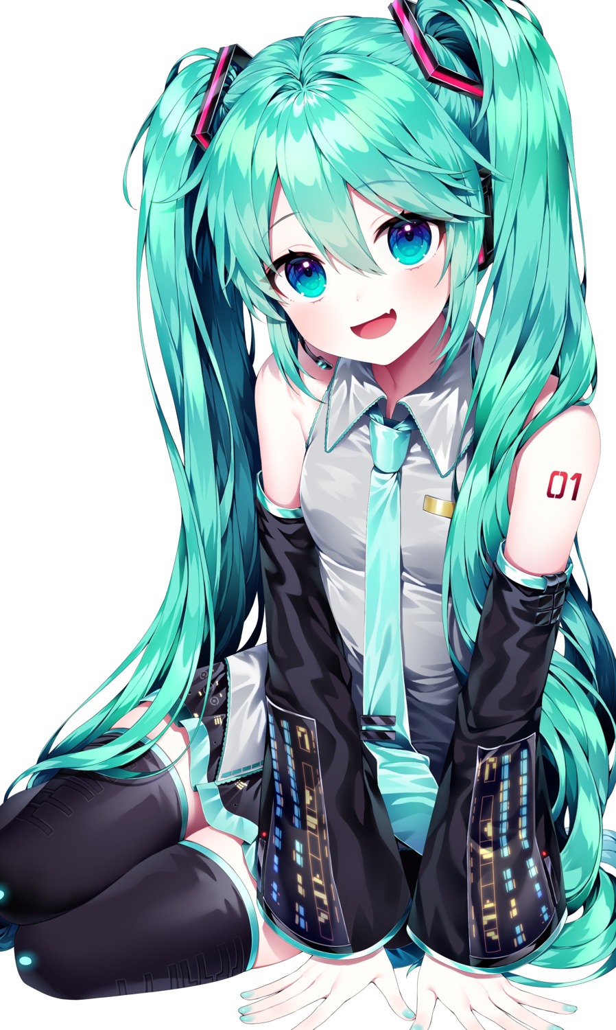 ha_youn hatsune_miku headphones tattoo thighhighs vocaloid