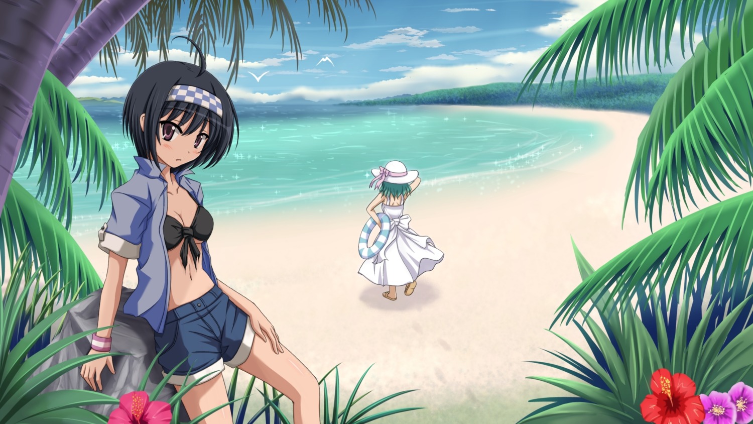 bikini_top cleavage dress open_shirt shira-nyoro summer_dress swimsuits underboob wallpaper