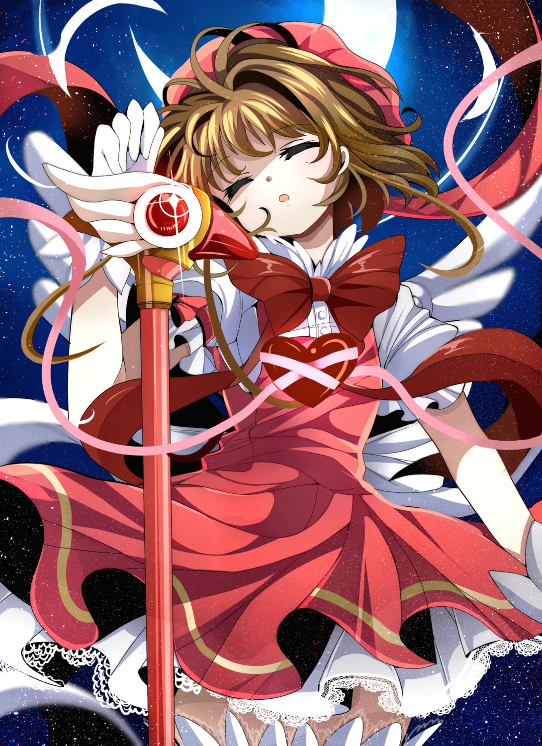card_captor_sakura dress fumiko_(miruyuana) kinomoto_sakura thighhighs weapon wings