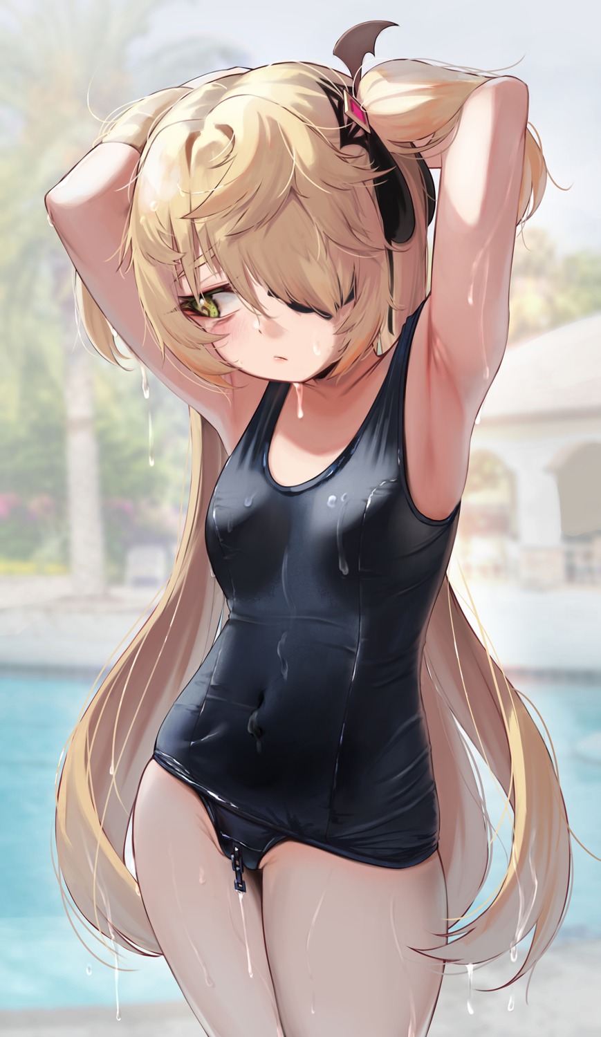 artist_revision cameltoe eyepatch fischl genshin_impact school_swimsuit swimsuits torriet wet wet_clothes