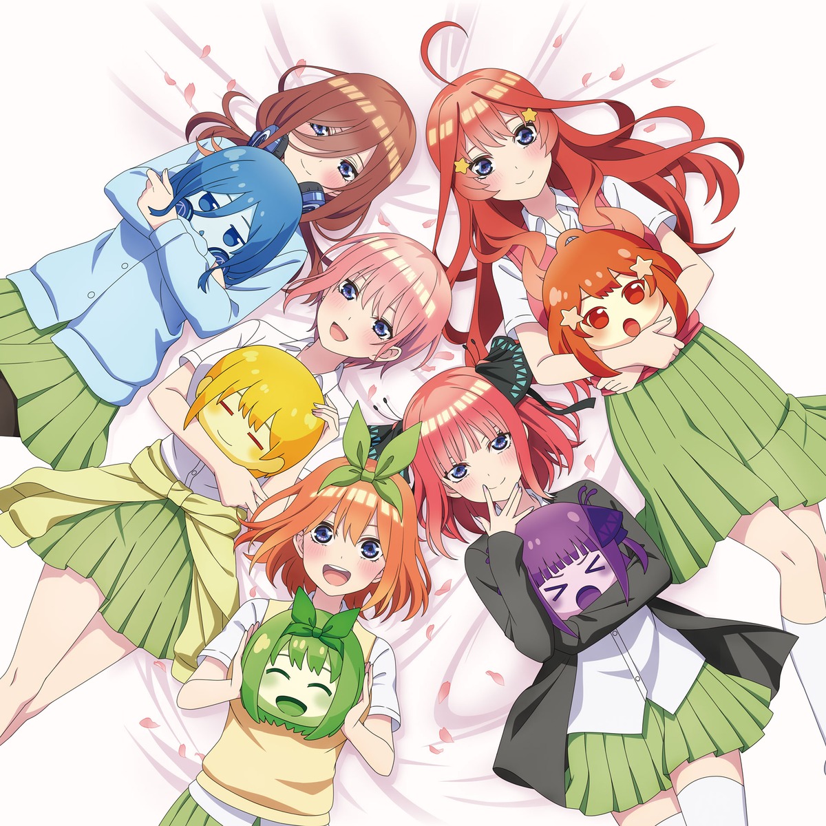 5-toubun_no_hanayome chibi headphones mages. nakano_ichika nakano_itsuki nakano_miku nakano_nino nakano_yotsuba seifuku sweater thighhighs