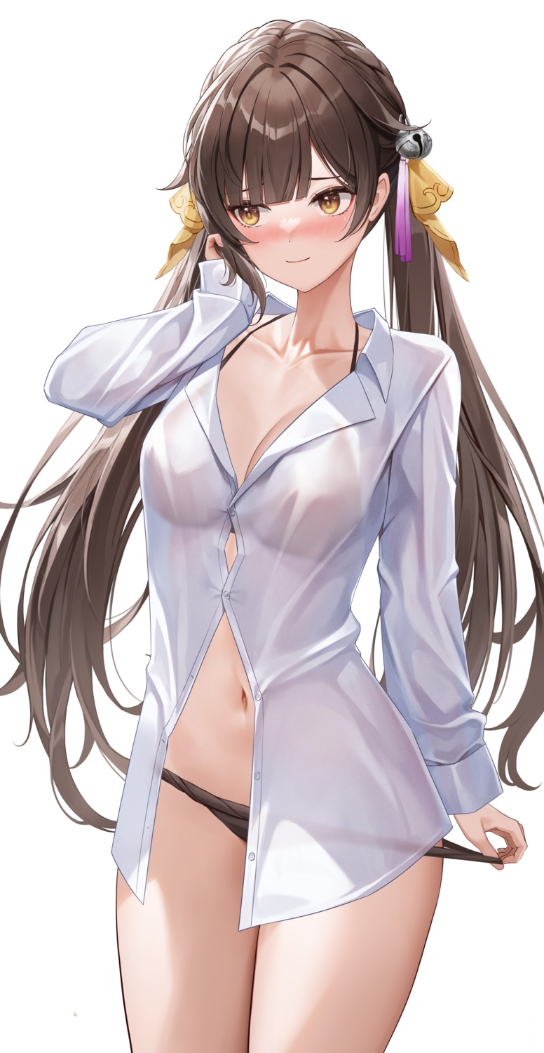 bra dress_shirt honkai:_star_rail lunacle open_shirt pantsu panty_pull see_through sushang undressing