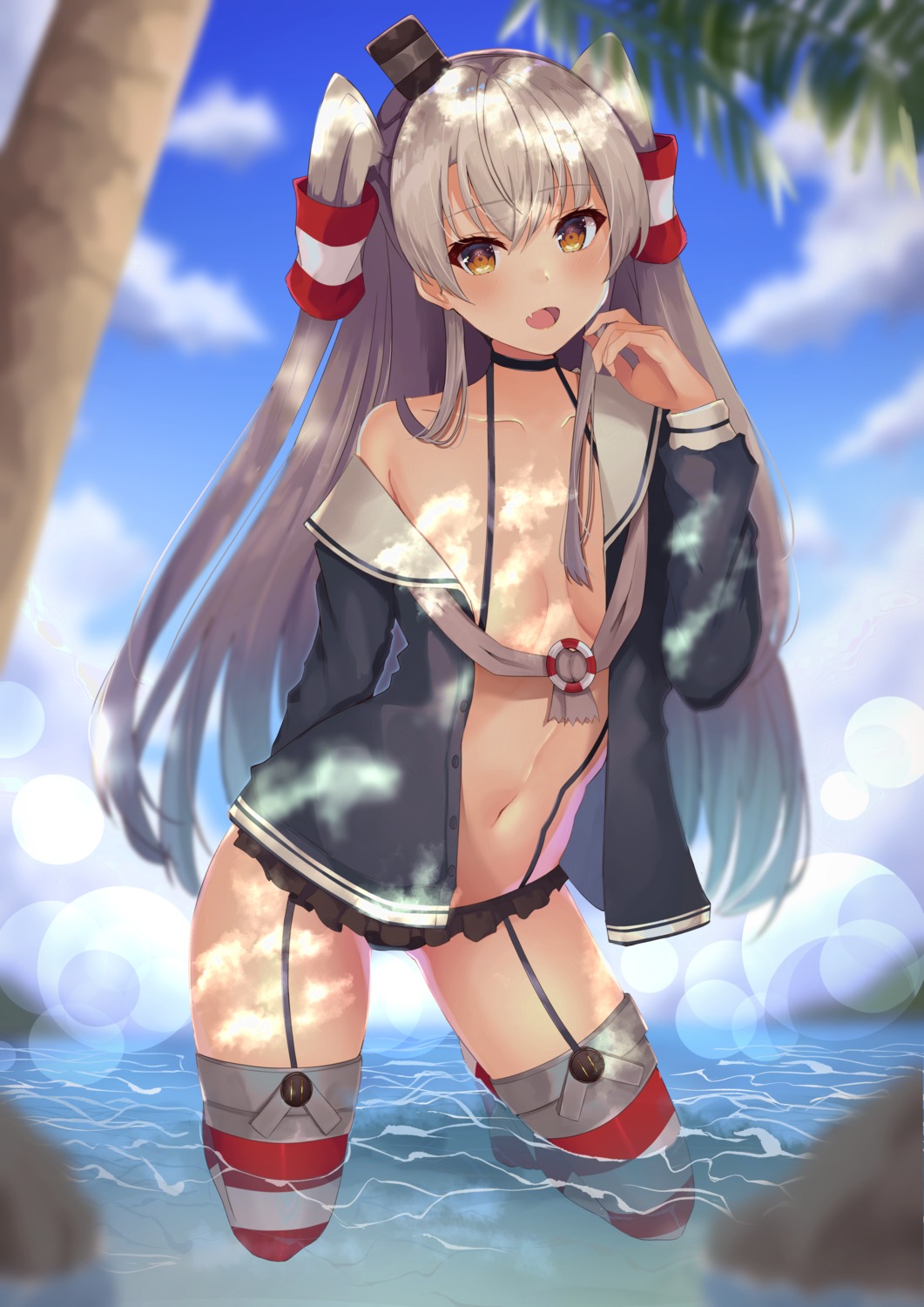 amatsukaze_(kancolle) kantai_collection no_bra open_shirt pantsu seifuku shiina_aoi stockings thighhighs wet