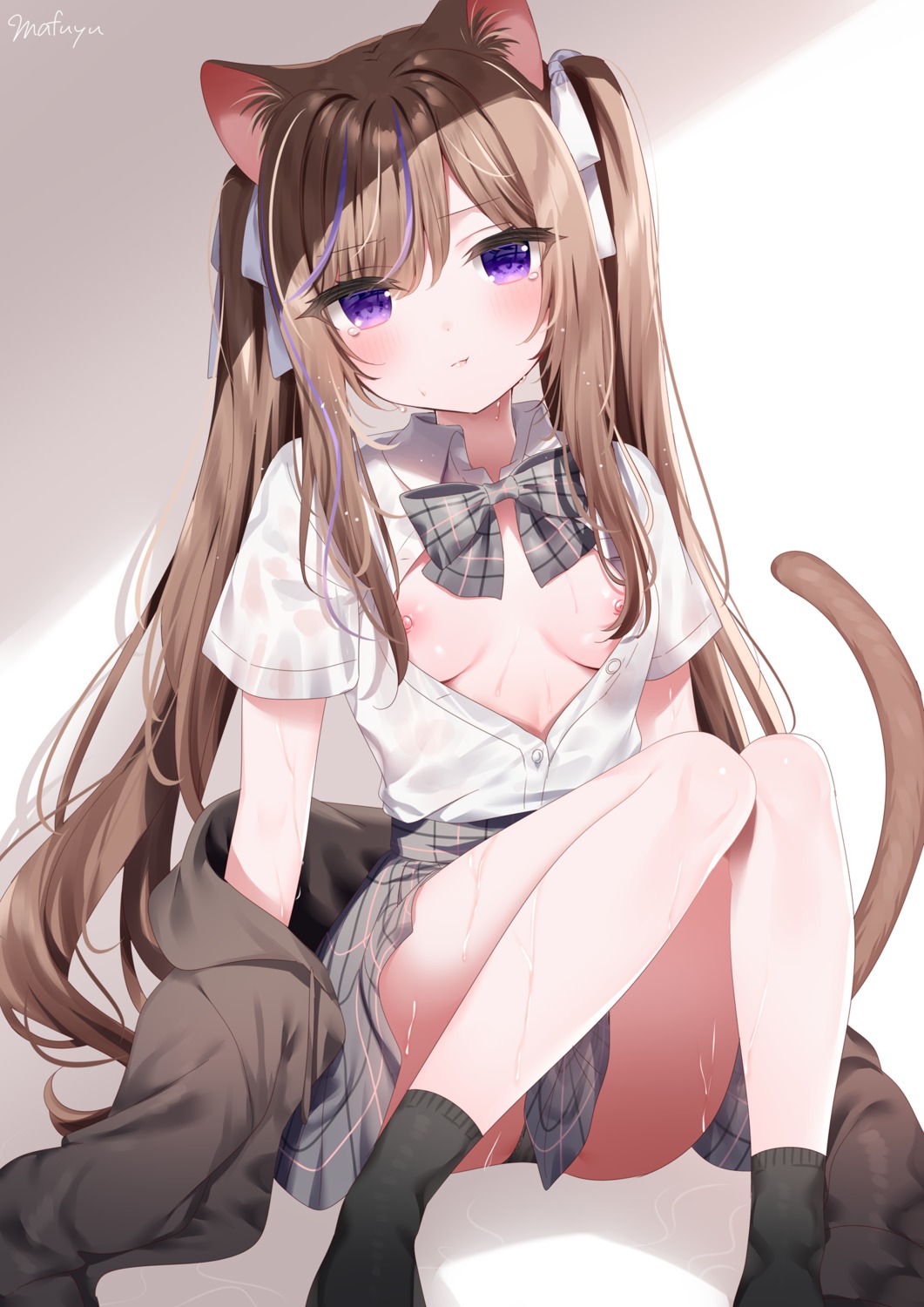 animal_ears mafuyu_(chibi21) nipples no_bra open_shirt seifuku tail