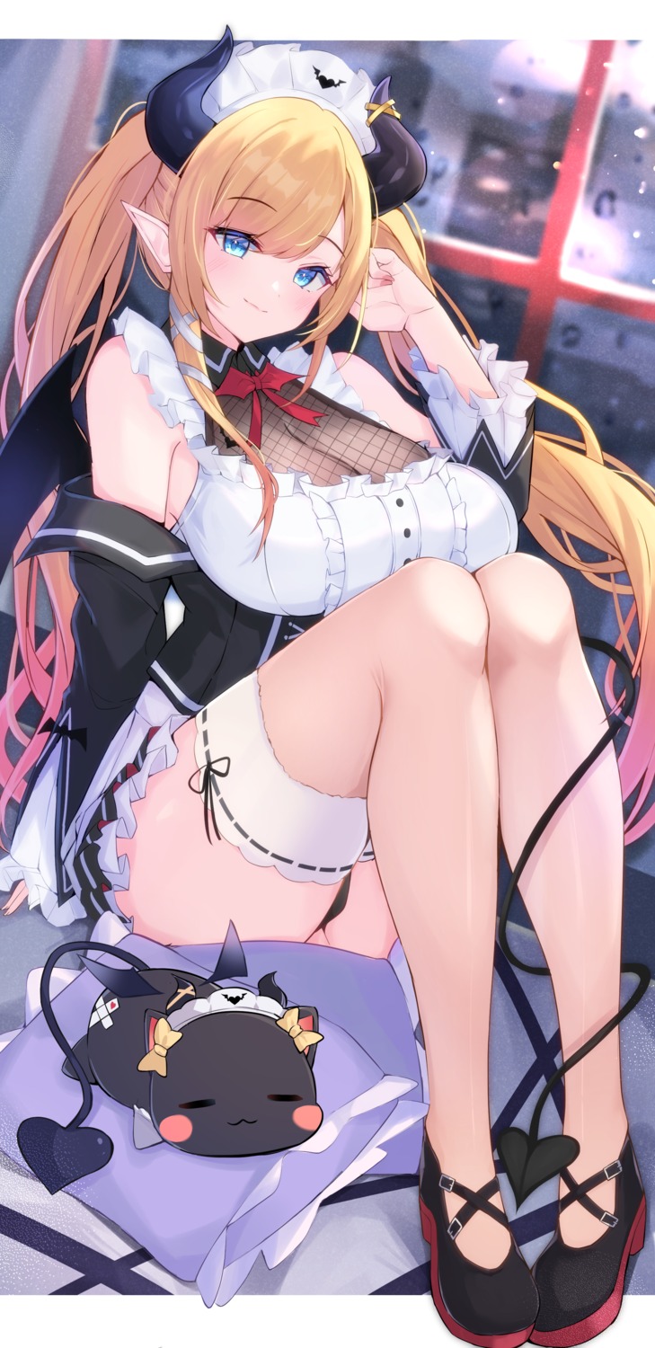 cleavage fishnets garter haidollo hololive horns maid no_bra pointy_ears skirt_lift tail thong wings yuzuki_choco