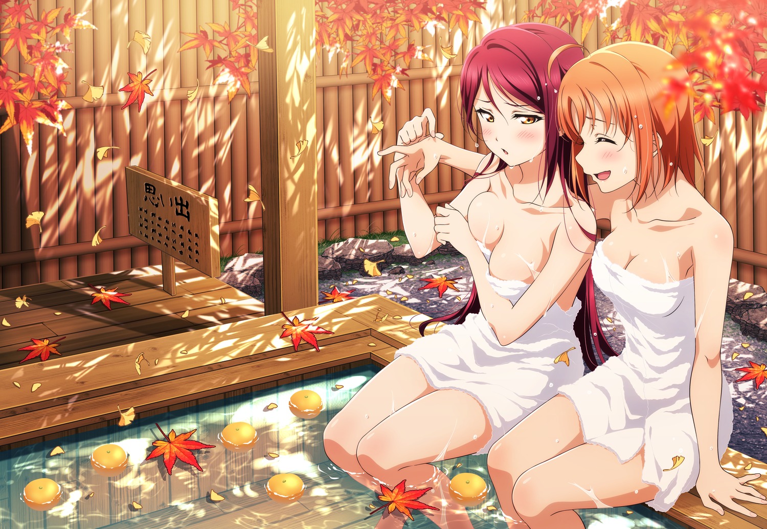 breast_hold kougi_hiroshi love_live!_sunshine!! naked onsen sakurauchi_riko takami_chika towel wet yuri