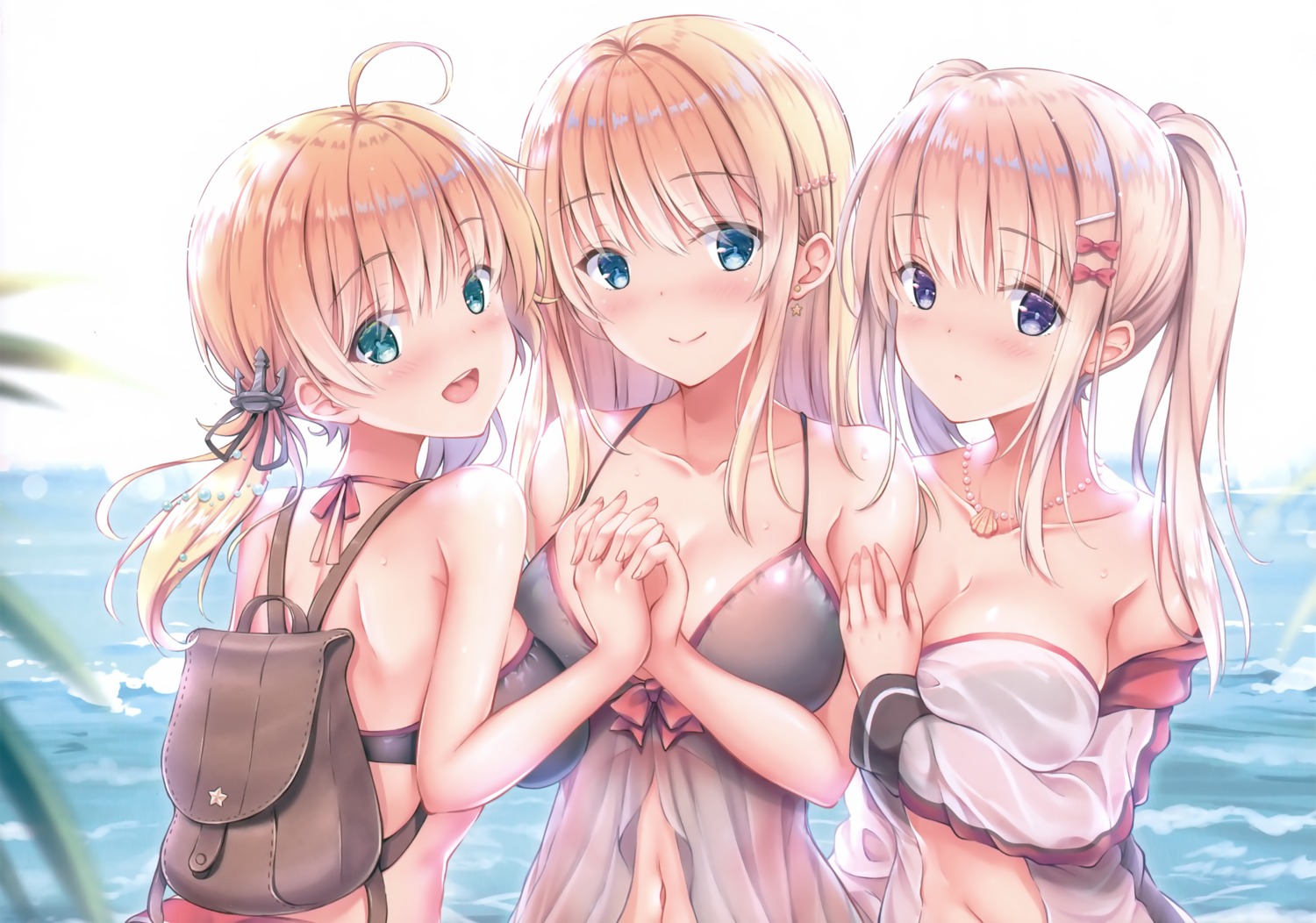 bikini_top bismarck_(kancolle) cleavage graf_zeppelin_(kancolle) gym_uniform jun&yuri kantai_collection open_shirt prinz_eugen_(kancolle) see_through swimsuits wet_clothes yuriko_(jun&yuri)