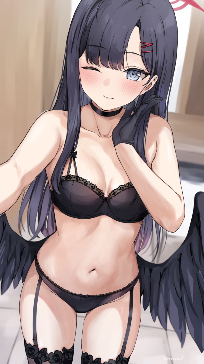 angel blue_archive bra kaetzchen lingerie nakamasa_ichika pantsu selfie stockings thighhighs thong wings