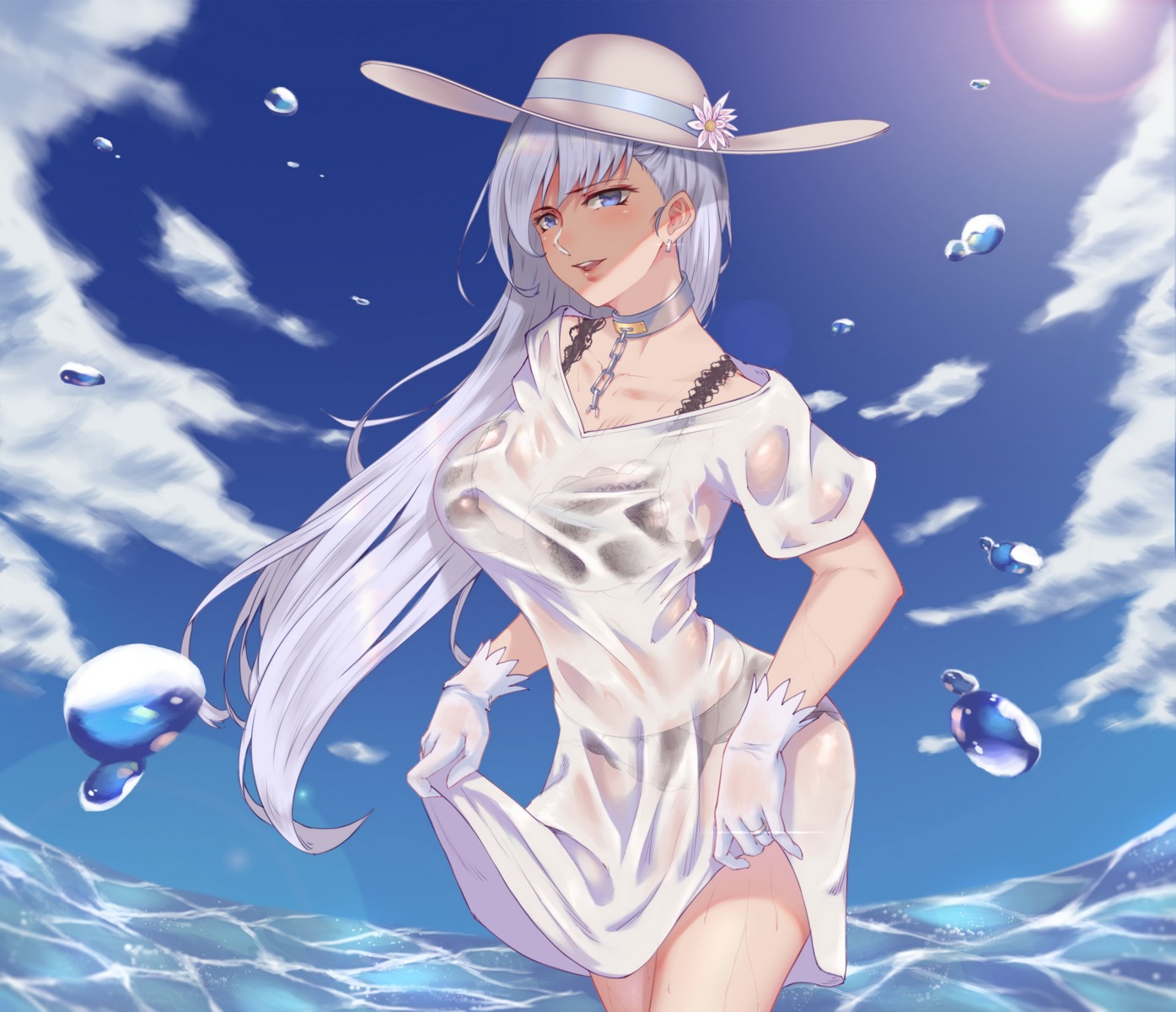 azur_lane belfast_(azur_lane) bra cleavage dress kamkac pantsu see_through skirt_lift summer_dress wet_clothes