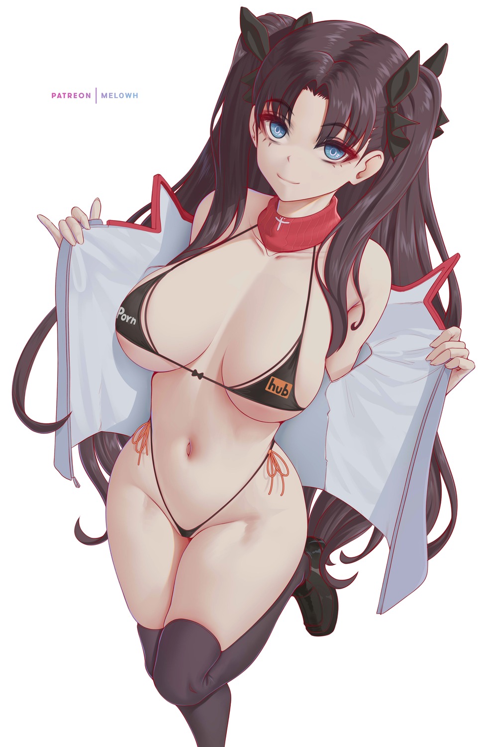 bikini fate/stay_night melowh open_shirt swimsuits thighhighs thong toosaka_rin undressing