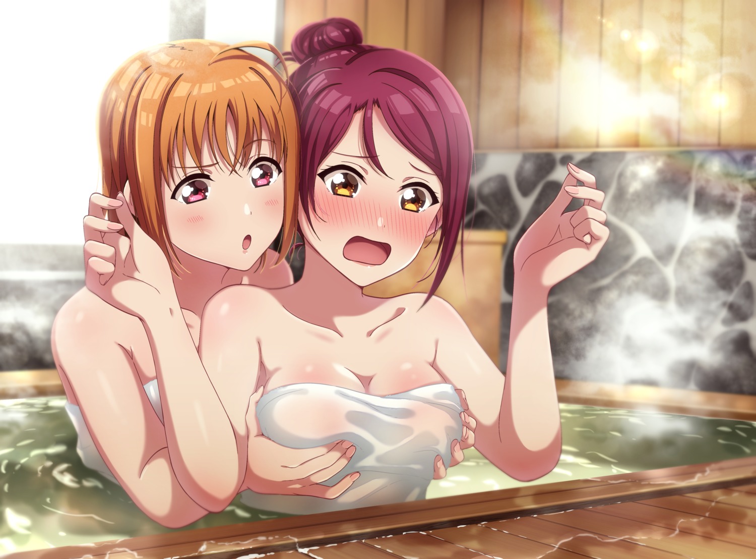 bathing breast_grab kougi_hiroshi love_live!_sunshine!! sakurauchi_riko takami_chika towel wet yuri