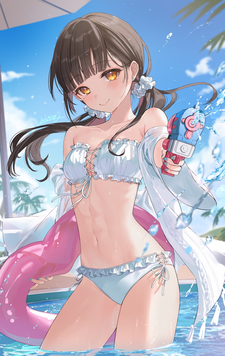 bikini gun nima_(niru54) open_shirt see_through swimsuits wet wet_clothes