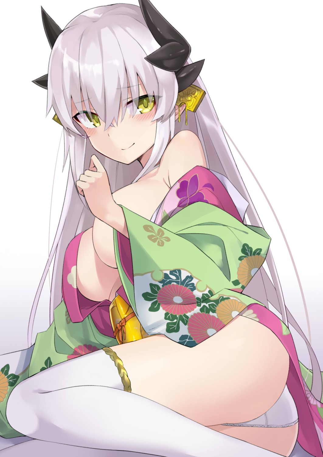 100percent ass breasts fate/grand_order horns japanese_clothes kiyohime_(fate/grand_order) no_bra open_shirt pantsu thighhighs