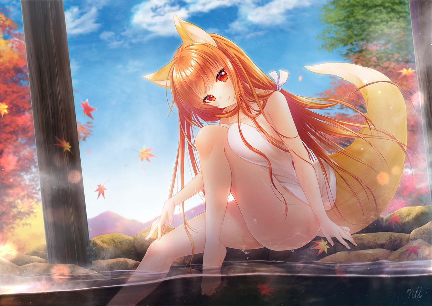 ainili animal_ears feet kitsune onsen tail towel wet