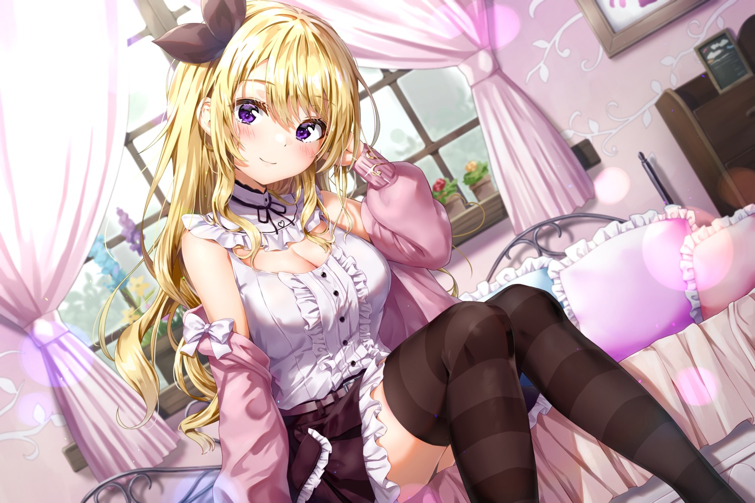 cleavage kuria_(clear_trip_second) skirt_lift sweater thighhighs