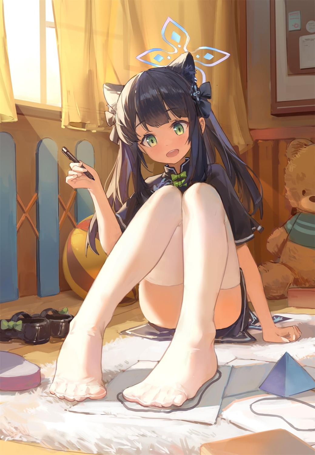 animal_ears blue_archive chinadress feet halo meinoss skirt_lift sunohara_shun thighhighs