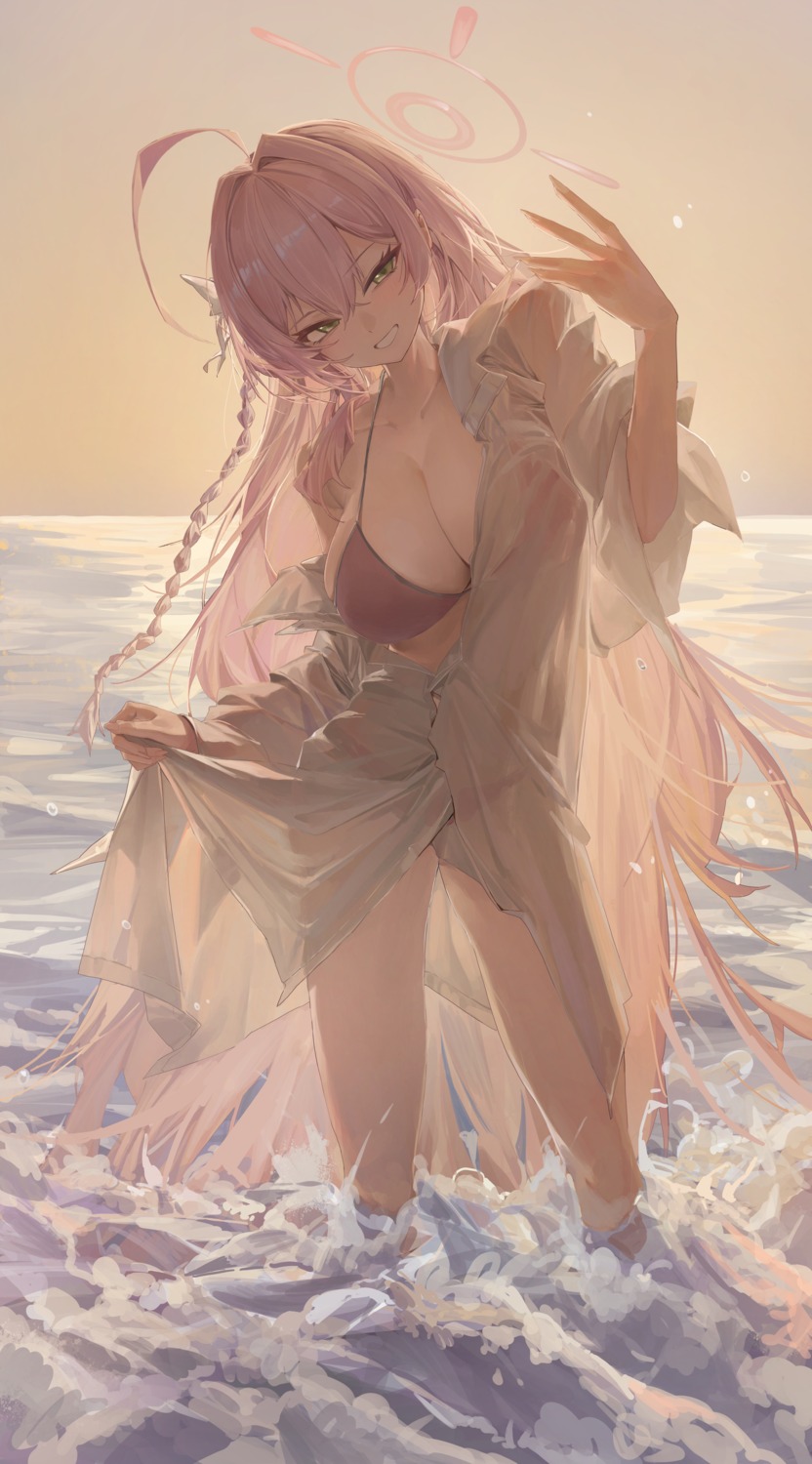 bikini blue_archive dainillust dress_shirt halo open_shirt see_through skirt_lift swimsuits urawa_hanako