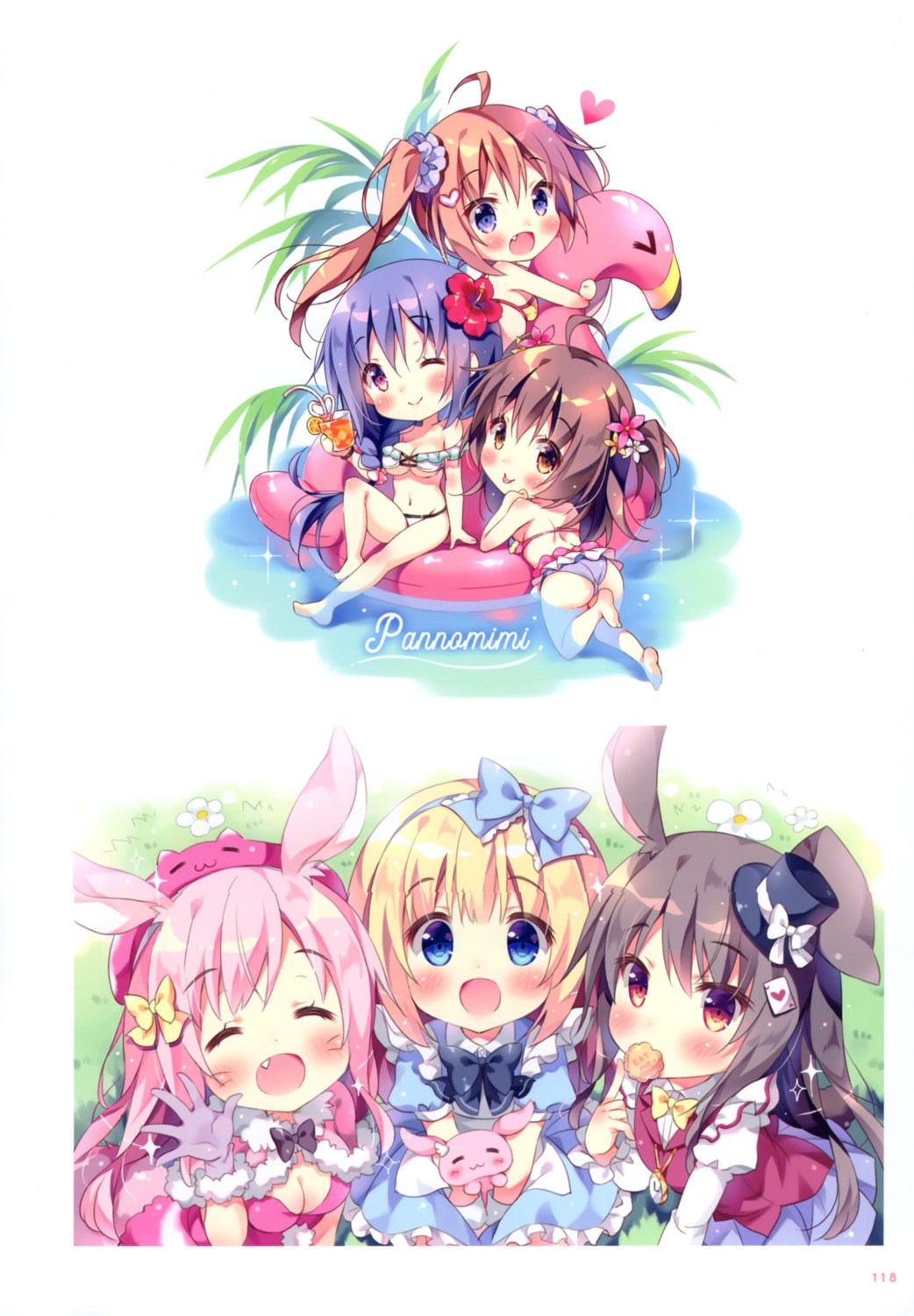 animal_ears ass bikini bikini_top bunny_ears chibi cleavage cocoa_(pan) dress haruka_(pan) pan swimsuits ten_(pan) tsukimi_(pan) uta_(pan) wet yukimi_(pan)