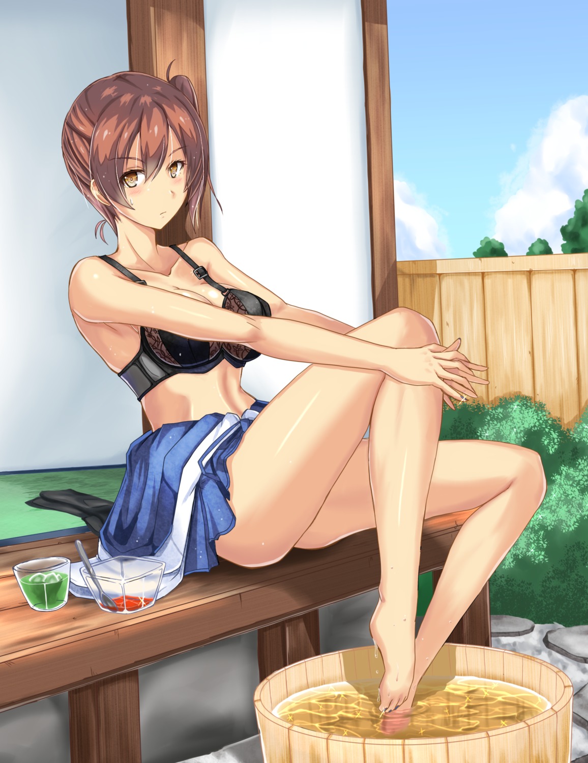 bra cleavage feet japanese_clothes kaga_(kancolle) kantai_collection luna_(gunfire) wet