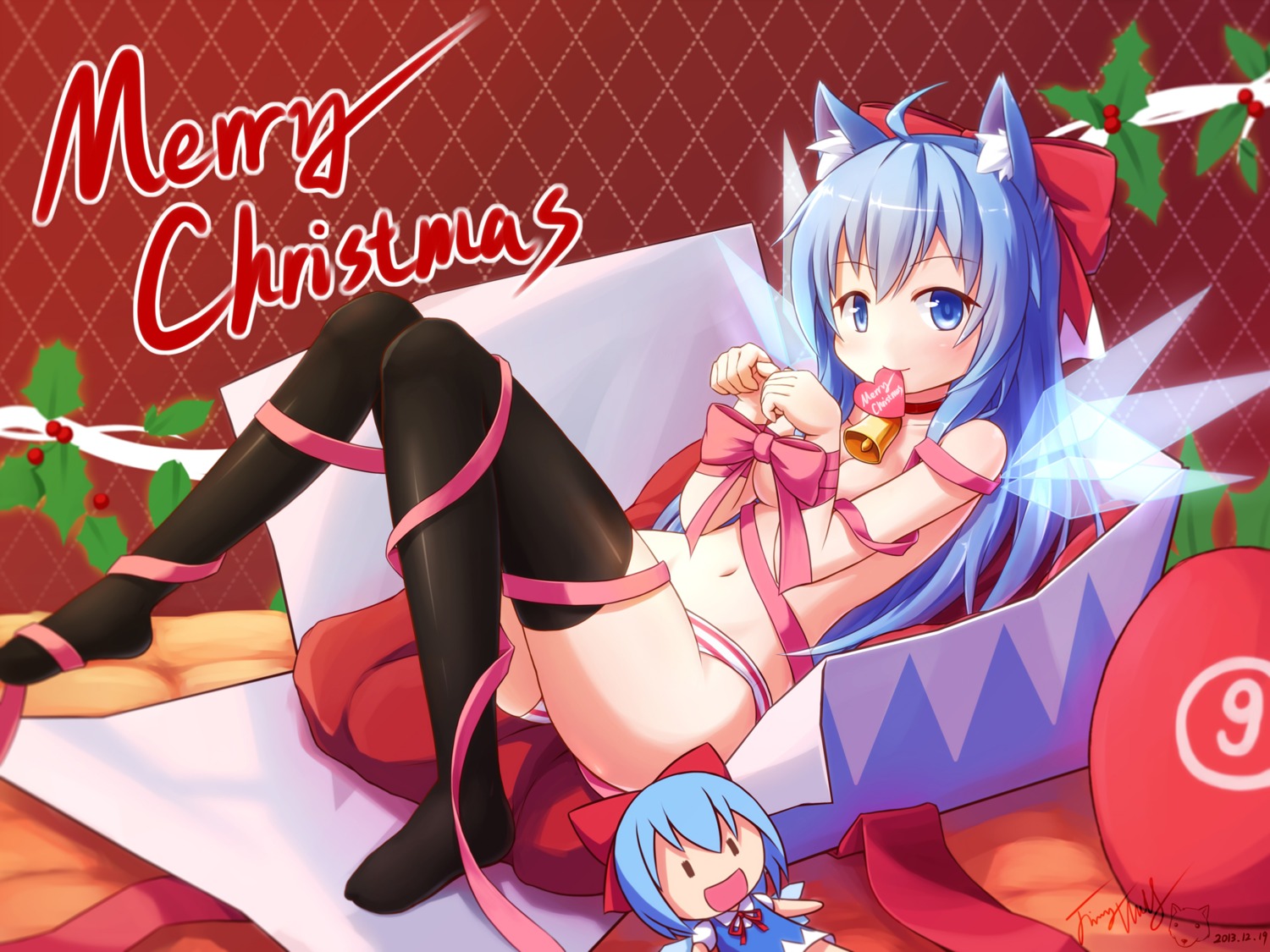 animal_ears cirno langbazi naked_ribbon nekomimi pantsu shimapan thighhighs touhou