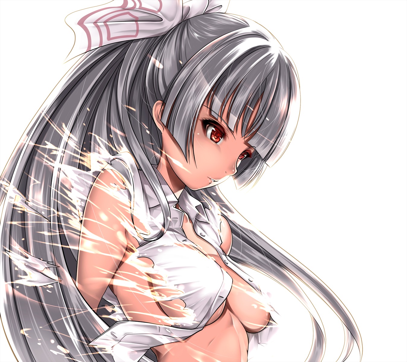 fujiwara_no_mokou no_bra open_shirt saburou_(hgmg) torn_clothes touhou