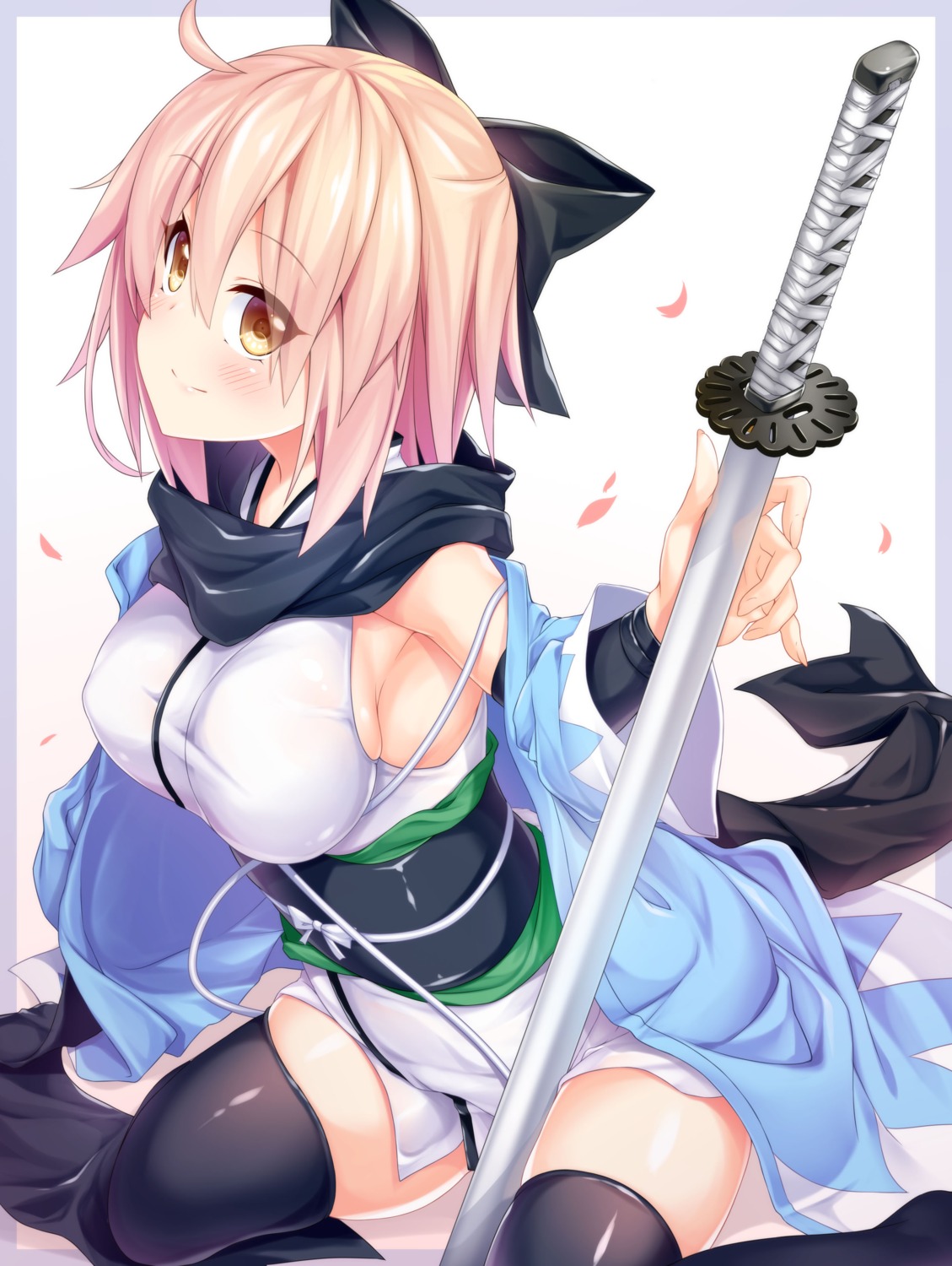 fate/grand_order japanese_clothes okita_souji_(fate) sword thighhighs wakagi_repa